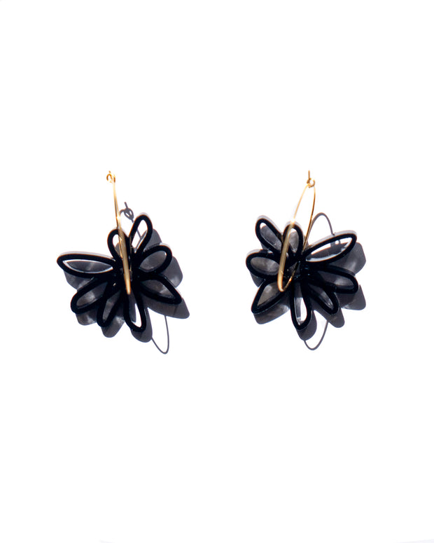 black flower gold hoop earrings over white