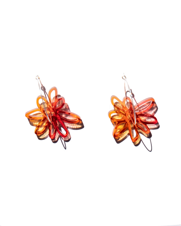 red orange flower hoop earrings  over white