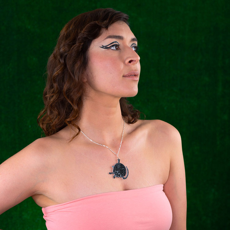 black cat necklace on model