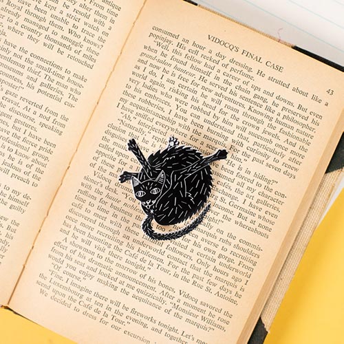 black cat pin styled on book