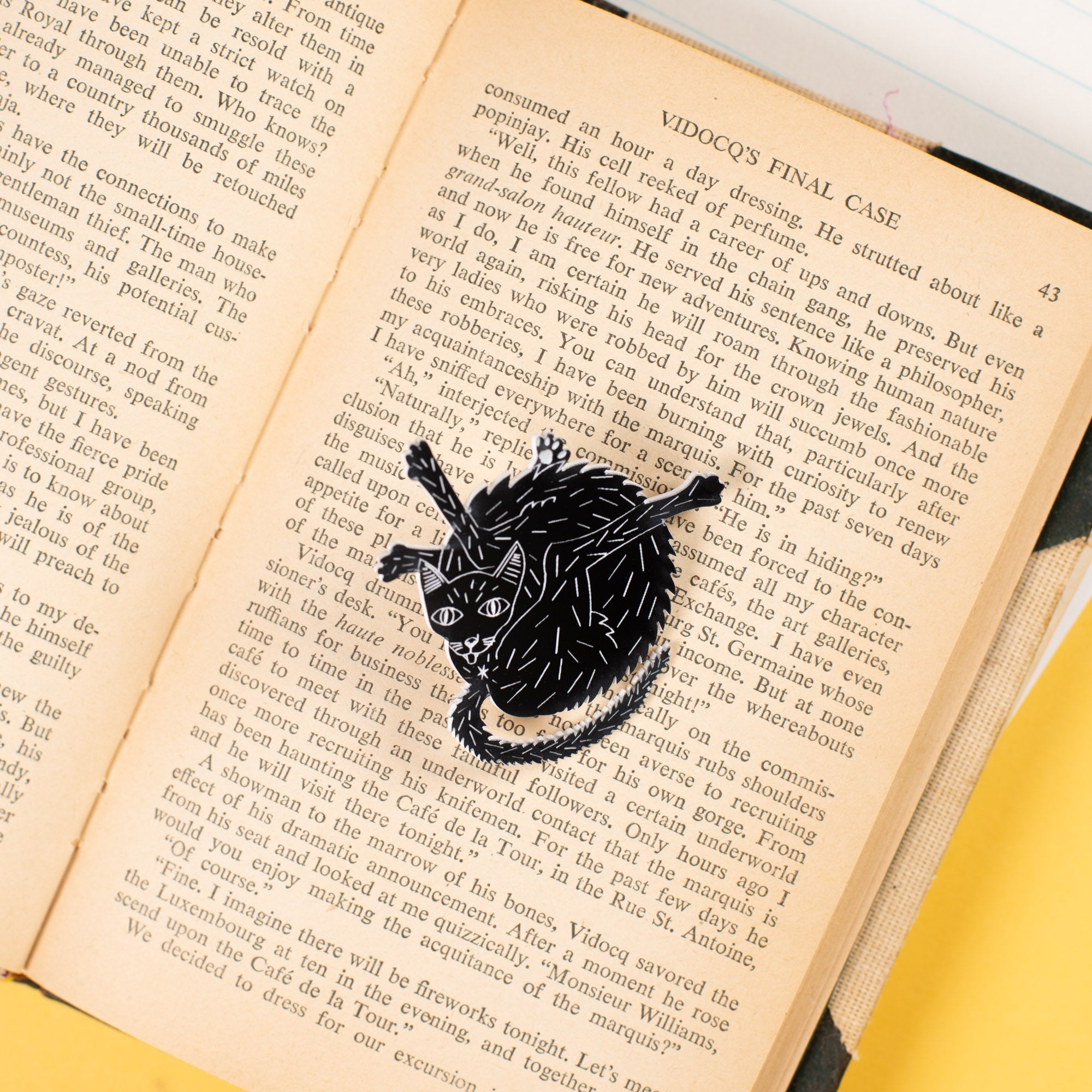 Black and white cat pin lying atop an open book.