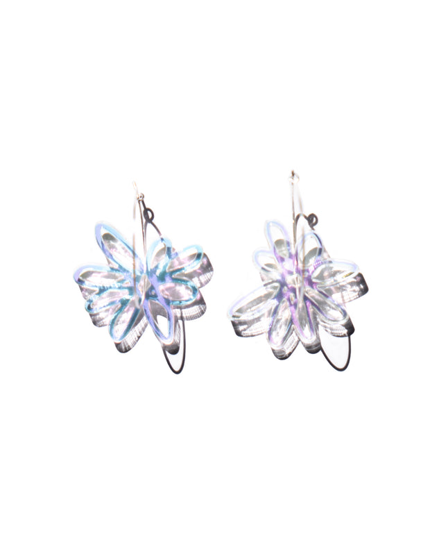 Iridescent flower silver hoop earrings over white