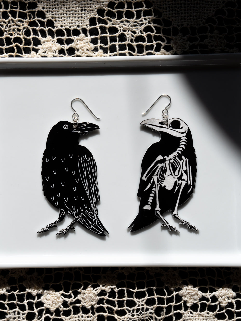 Raven Earrings on white tray