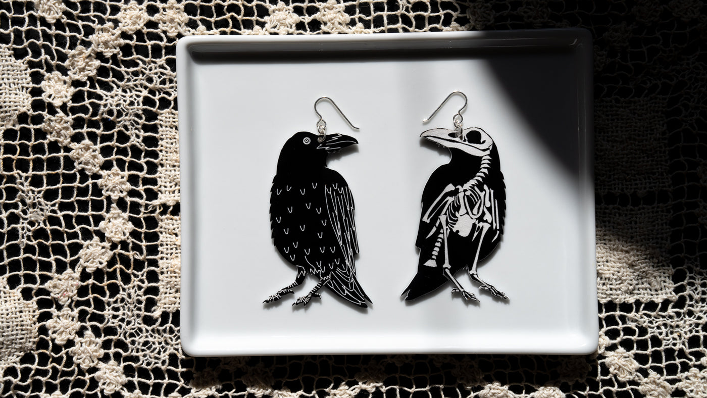 Raven earrings on white tray