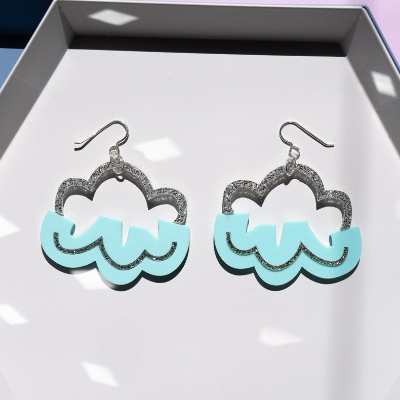 Aqua cloud earrings on white tray