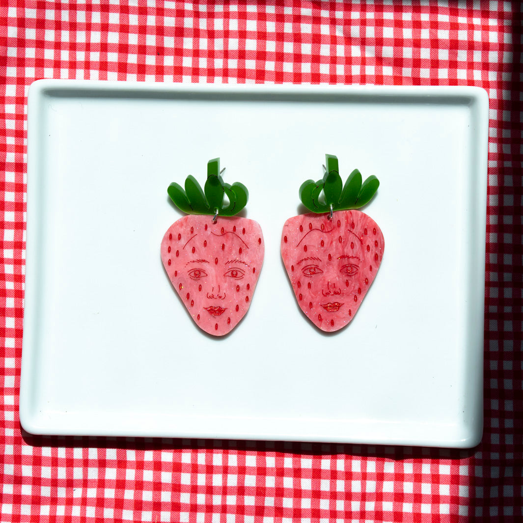 Pink Strawberry Face Earrings
