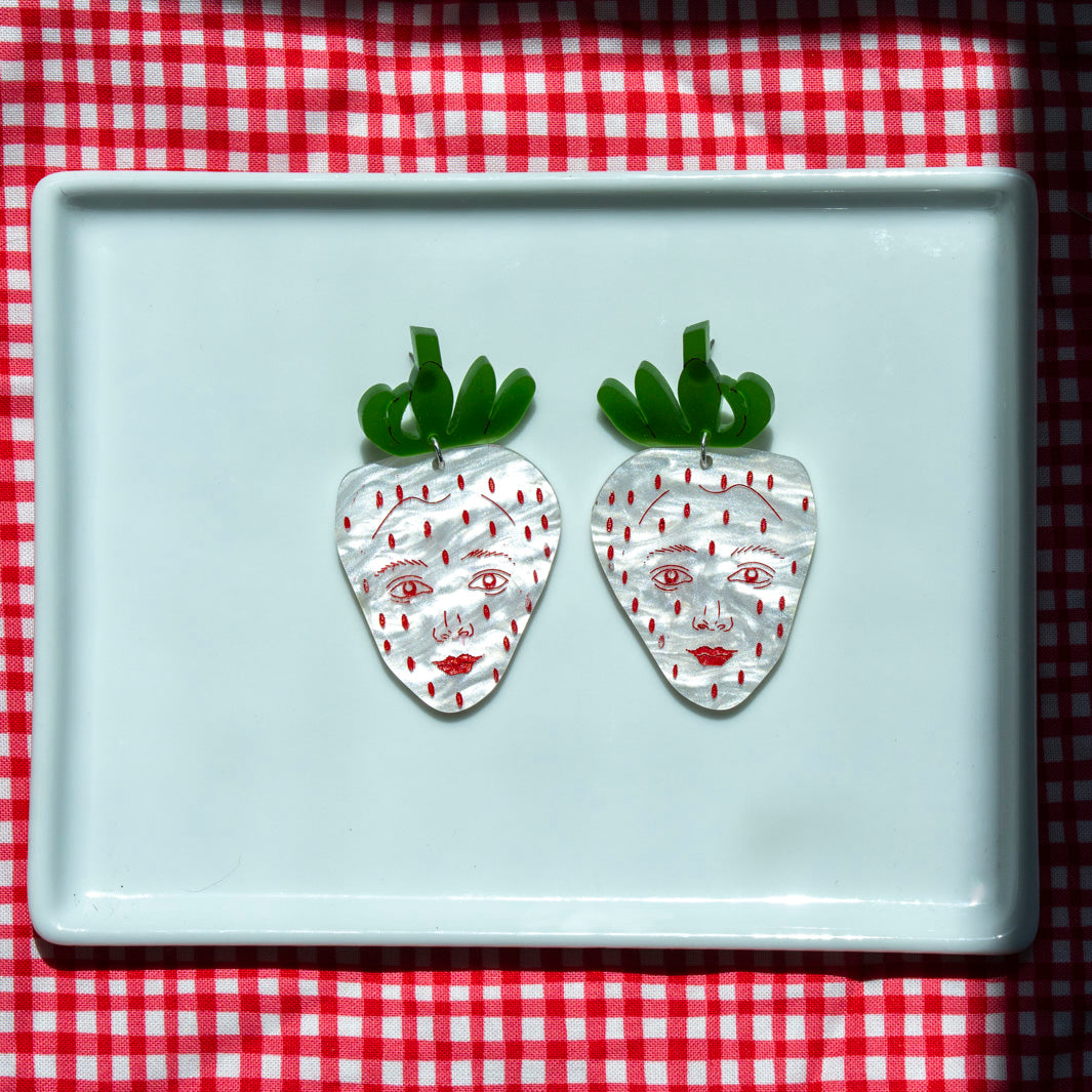 White Strawberry Face Earrings