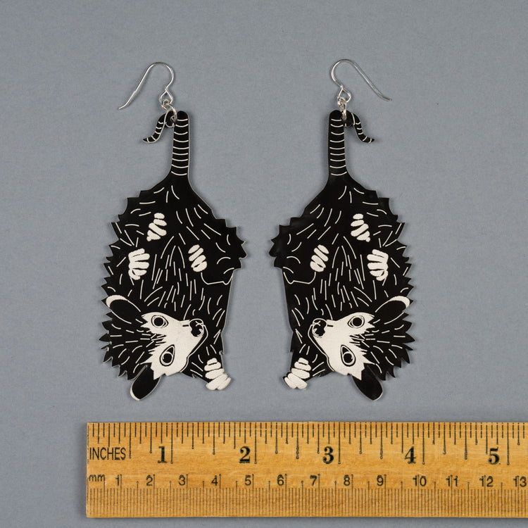 Large Baby Possum Earrings shown above ruler