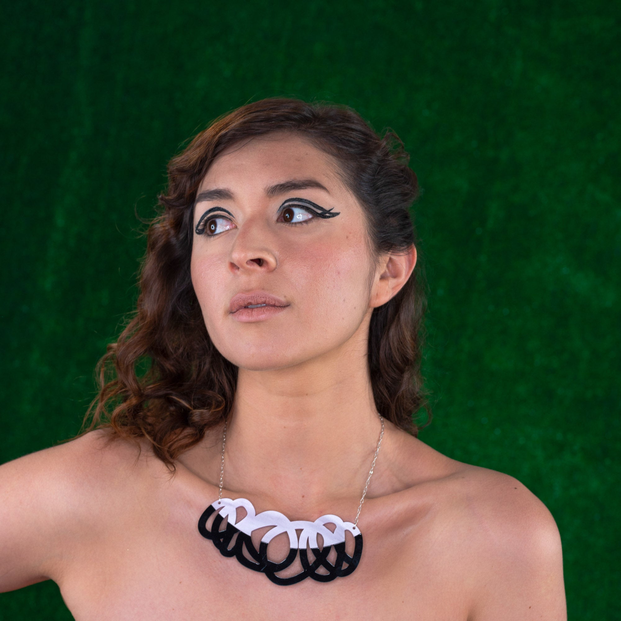 Chunky black & lilac statement necklace on model