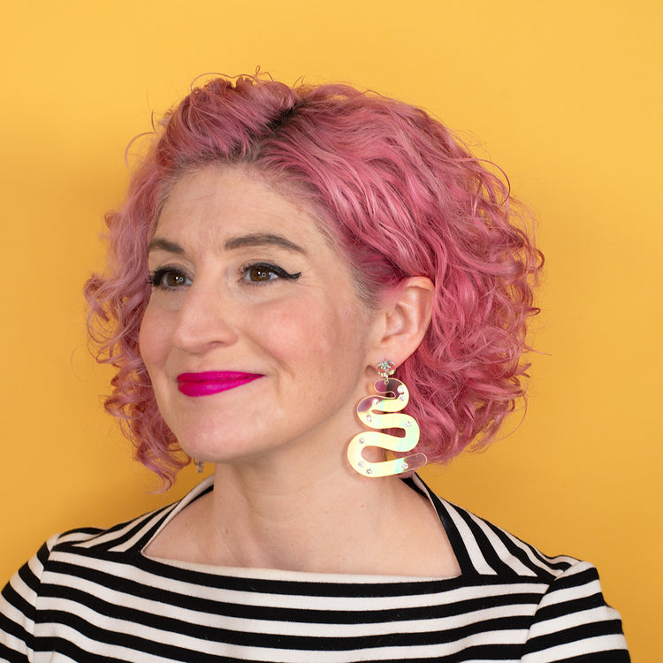 Iridescent Squiggle Earrings on Model