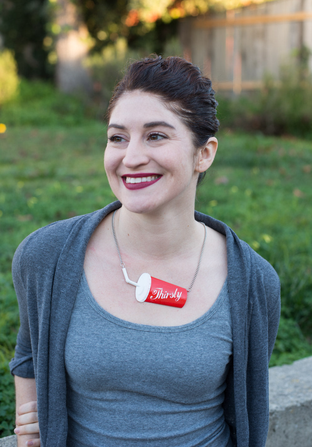 thirsty fast food necklace on model