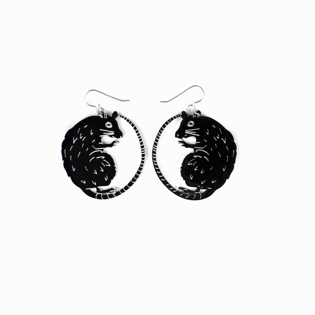 small black rat earrings on white background