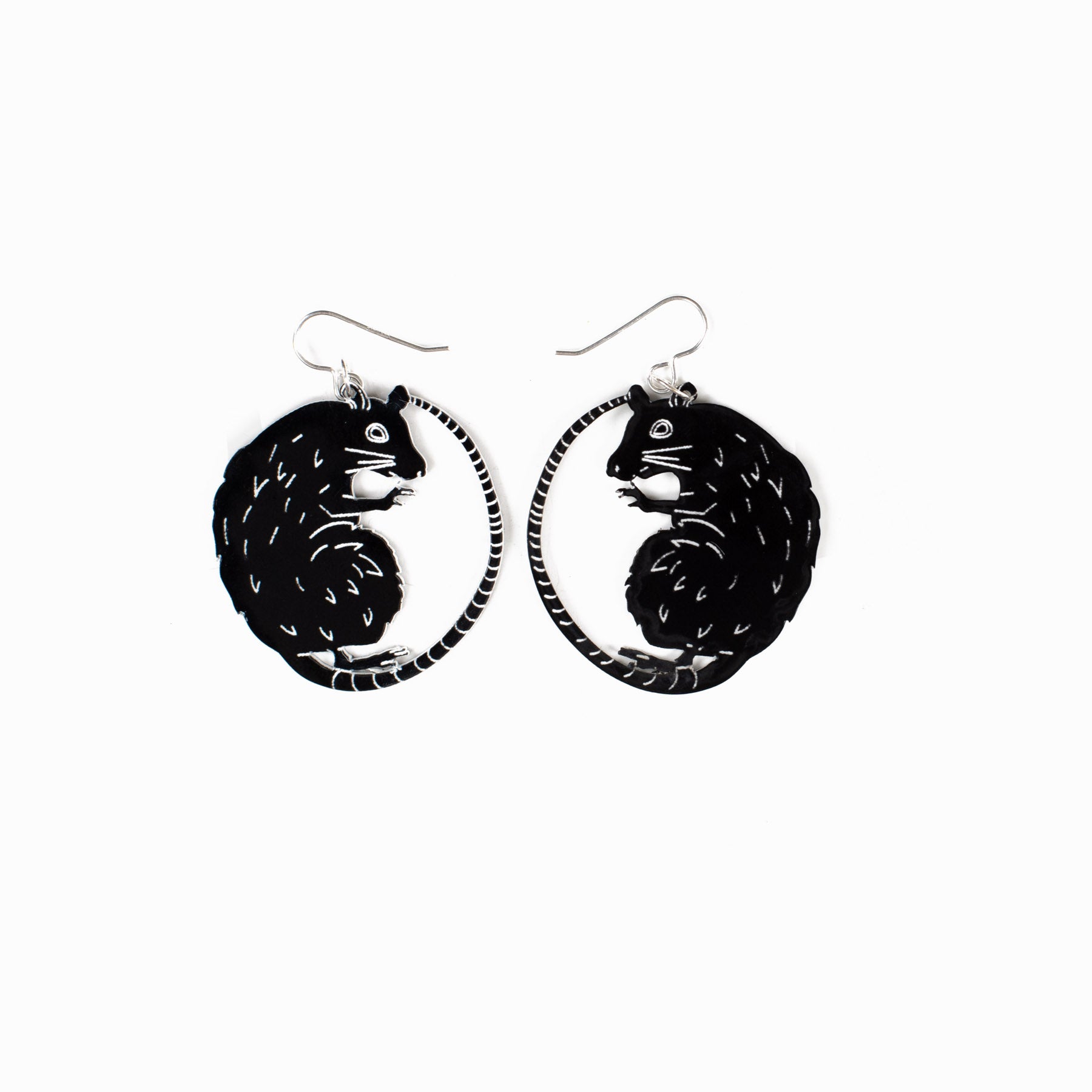 small black rat earrings on white background