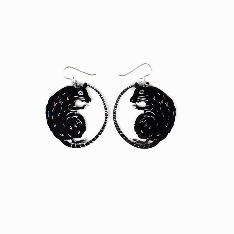 small black rat earrings on white background