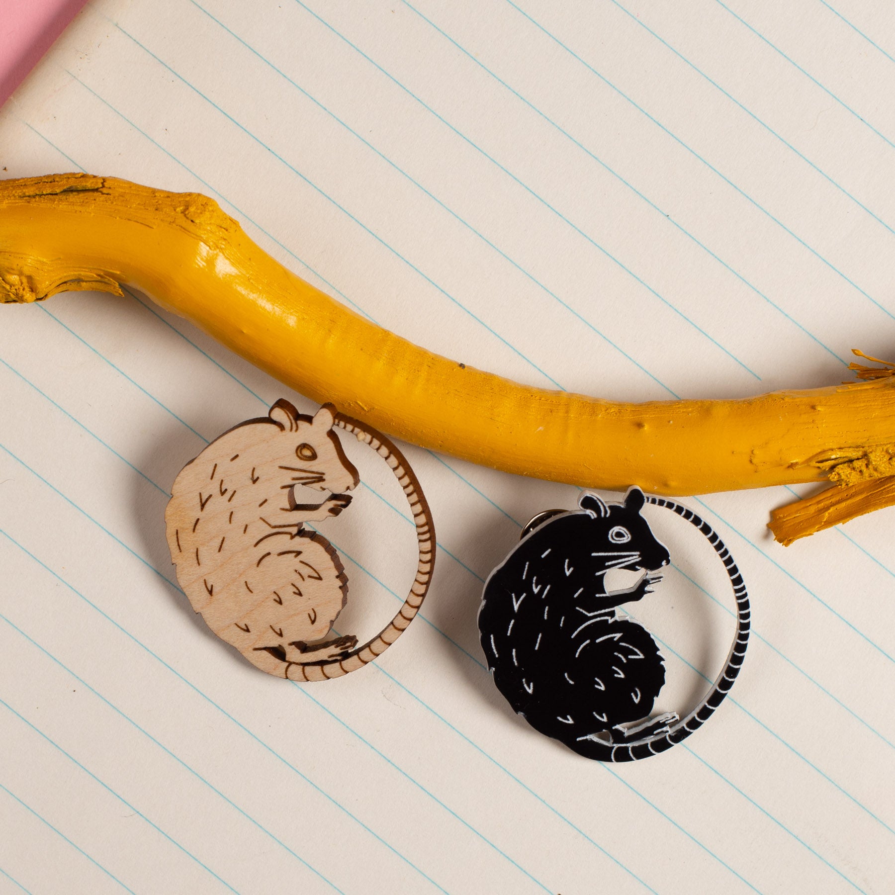 wood rat pin & black rat pin