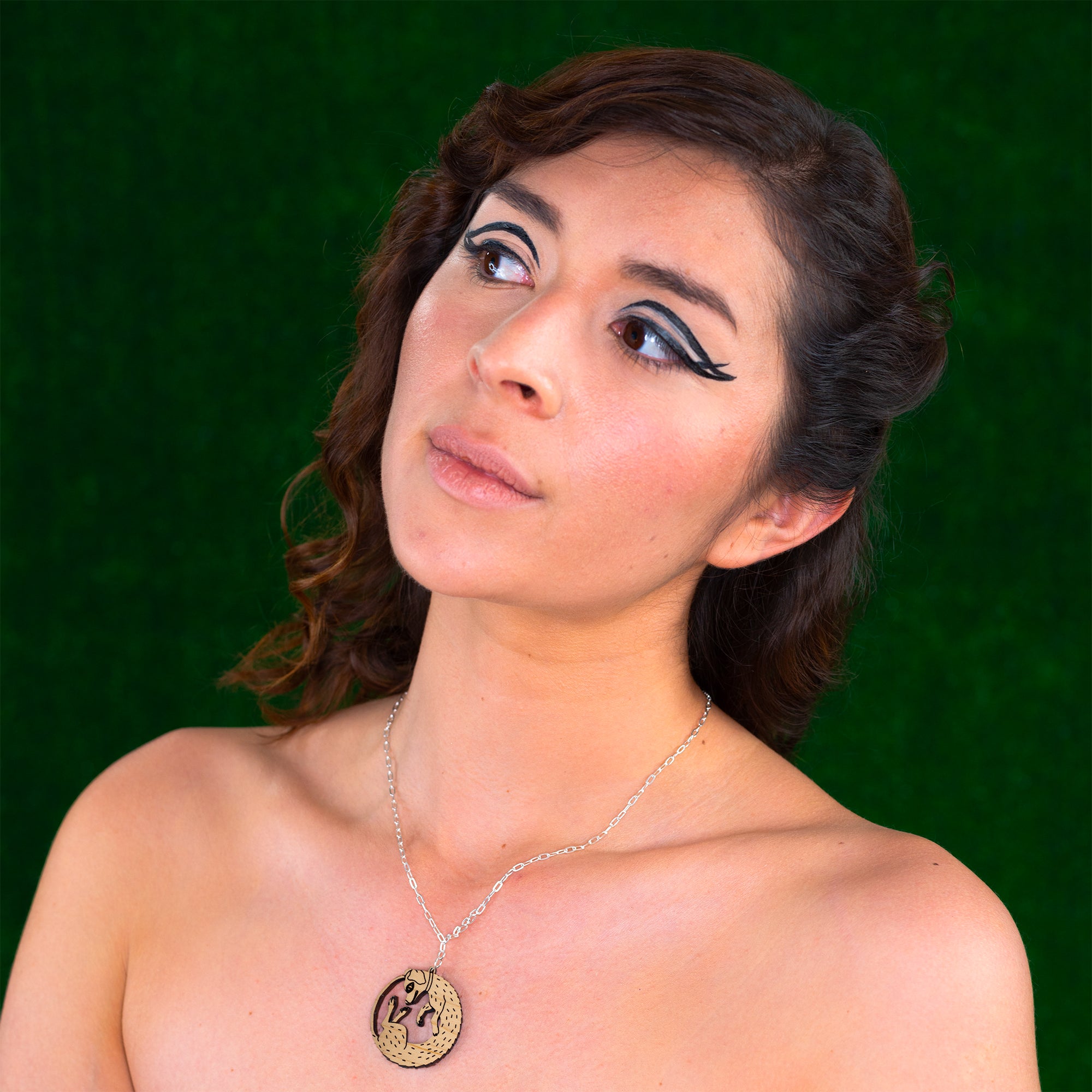 wood dog necklace on model