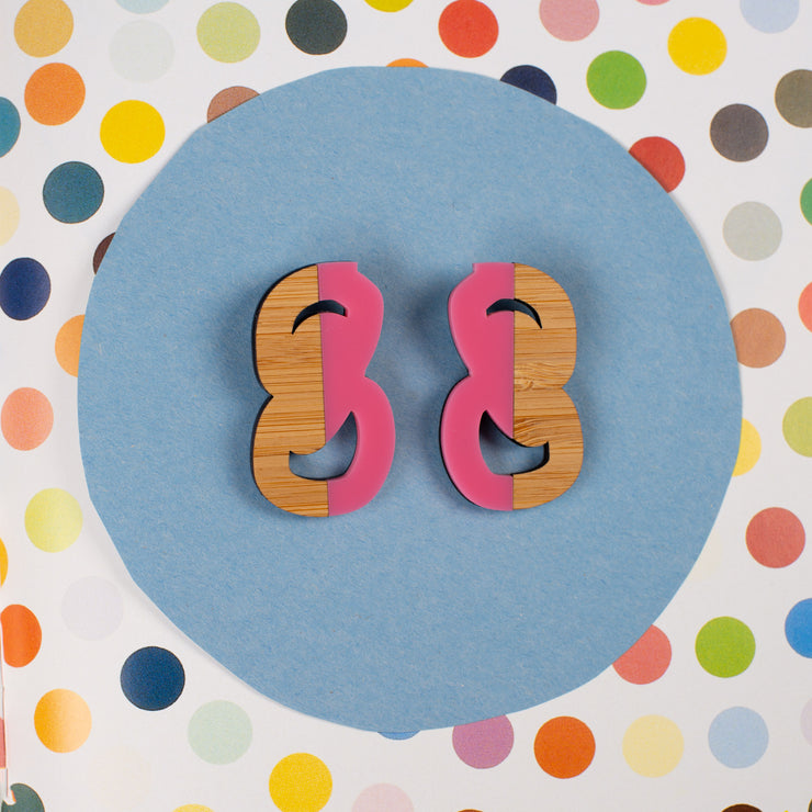 Pink and wood statement stud earrings