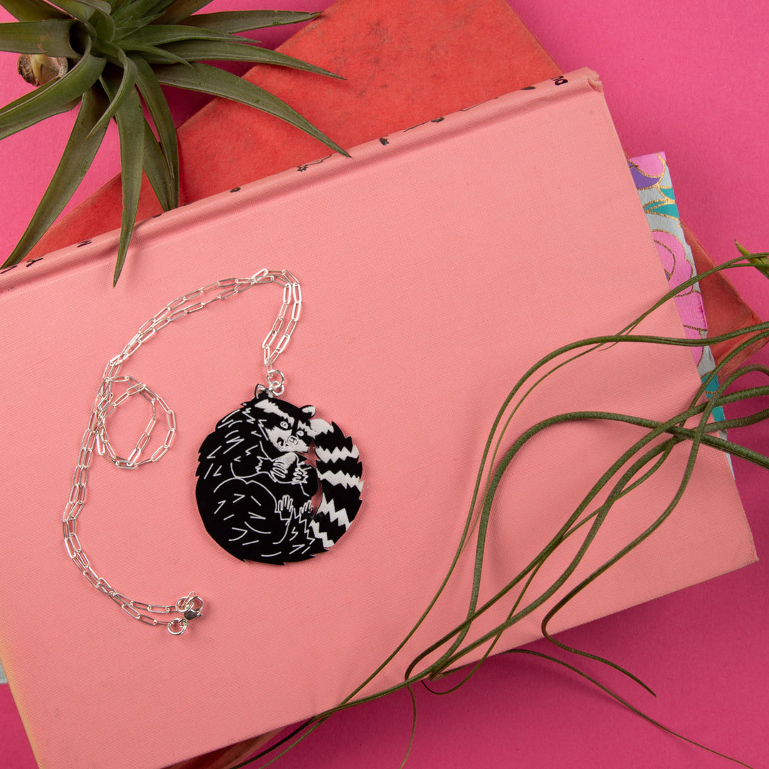 raccoon necklace on pink book