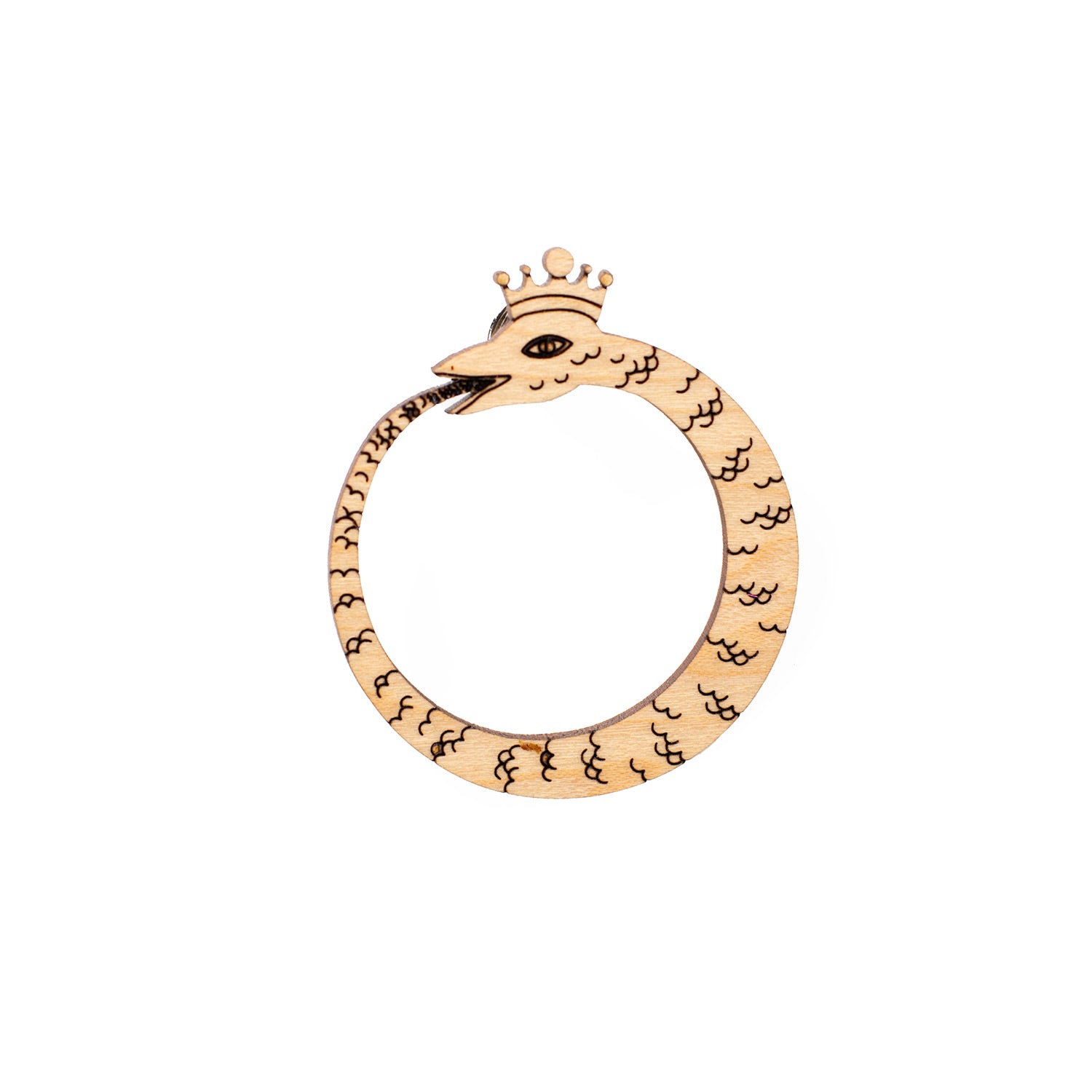 wood ouroboros pin over white background