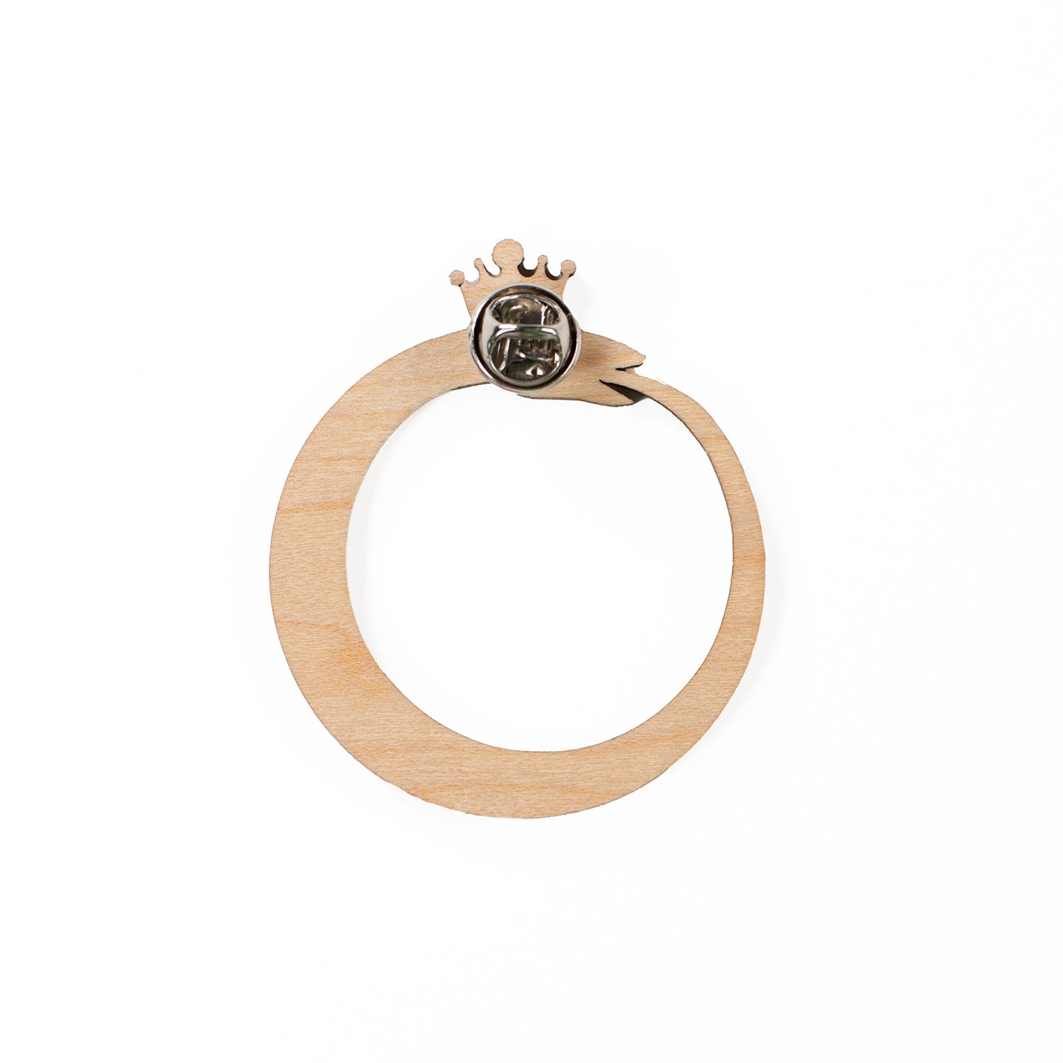 back of wood ouroboros pin on white background